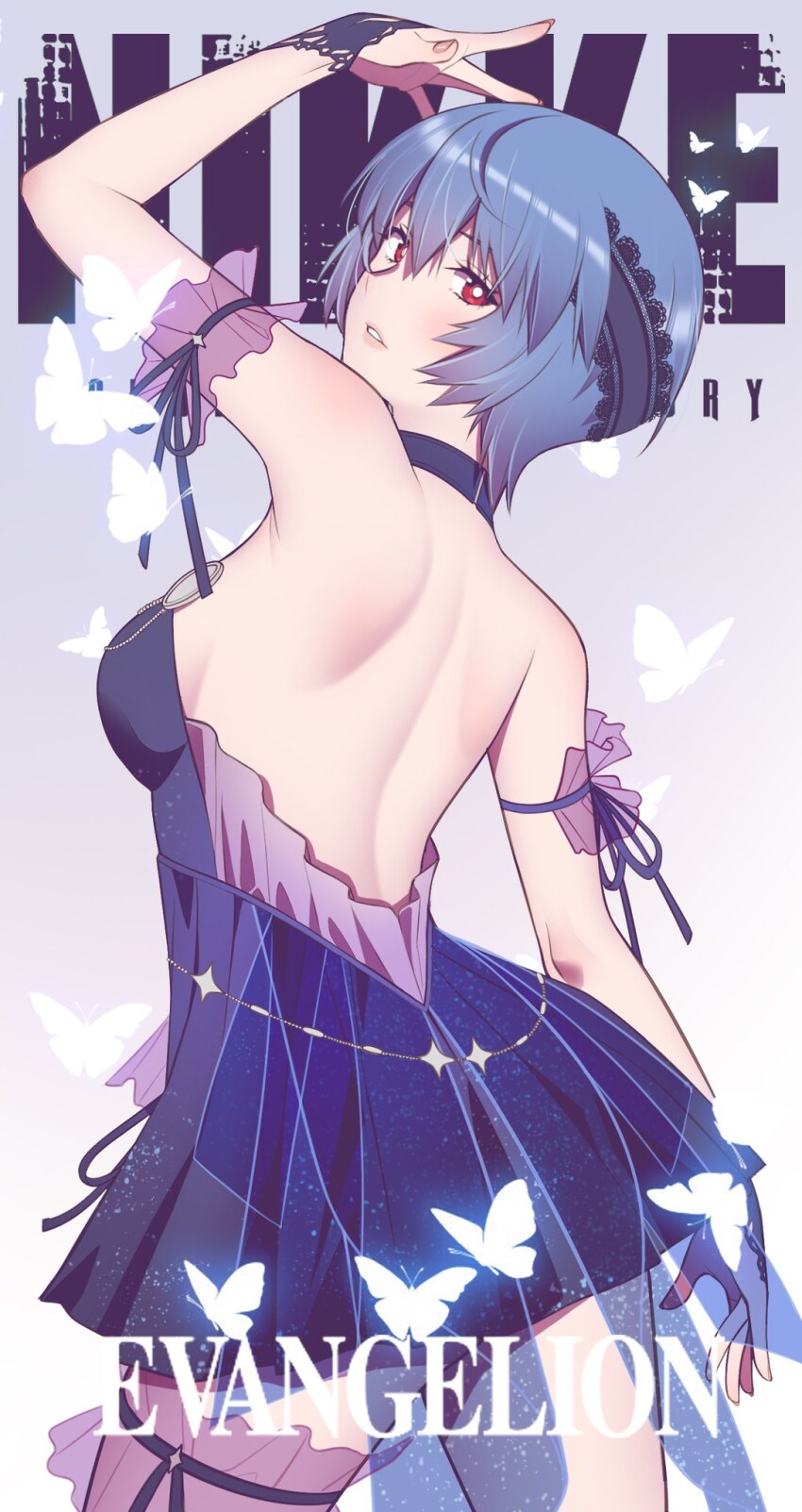 1girl andrian_januar_adilia ayanami_rei ayanami_rei_(tentative_name) back backless_dress backless_outfit bare_back bare_shoulders blue_hair breasts bug butterfly choker commentary contrapposto copyright_name cowboy_shot crossover dress english_commentary from_behind goddess_of_victory:_nikke hair_between_eyes highres insect looking_at_viewer looking_back medium_breasts mixed-language_commentary neon_genesis_evangelion parted_lips purple_choker purple_dress rebuild_of_evangelion red_eyes short_hair sleeveless sleeveless_dress solo standing sundanese_commentary