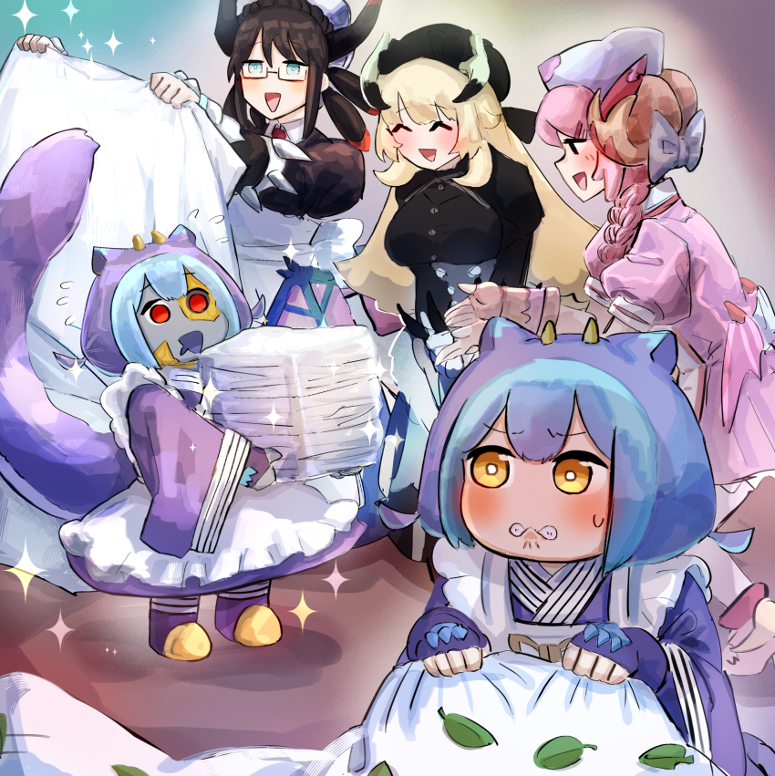5girls apron bed_sheet black_dress blonde_hair blue_eyes blush boots braid breasts chamber_dragonmaid closed_eyes dragon_girl dragon_horns dragon_tail dragon_wings dress duel_monster eastern_dragon_horns frilled_apron frills green_eyes hair_ornament hat hatano_kiyoshi highres holding holding_sheet horns house_dragonmaid large_breasts laundry_dragonmaid leaf long_hair long_sleeves looking_at_another maid maid_apron maid_headdress multiple_girls nurse nurse_cap nurse_dragonmaid pantyhose pink_hair puffy_short_sleeves puffy_sleeves red_eyes short_sleeves short_twintails smile sweat tail twintails wa_maid white_apron white_pantyhose wings yellow_eyes yu-gi-oh!