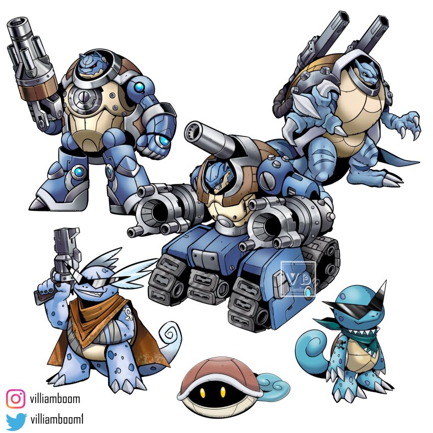 bandana beam_cannon blastoise cape caterpillar_tracks claws digimon evolutionary_line gen_1_pokemon gun handgun highres mecha mega_blastoise mega_pokemon nintendo pokemon revolver robot scar scar_across_eye scar_on_face shell squirtle sunglasses tail turtle villiam_boom wartortle weapon white_background