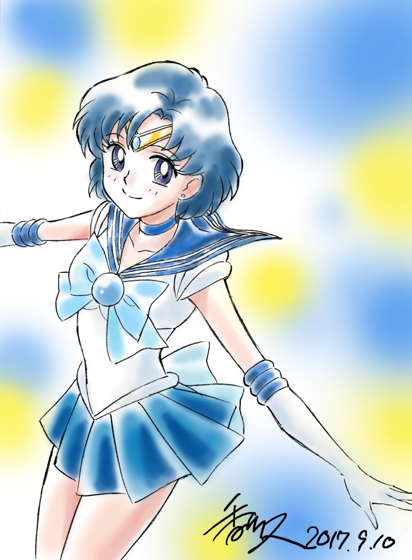 1girl 2017 absurdres bishoujo_senshi_sailor_moon blue_bow blue_eyes blue_hair bow choker circlet dated earrings elbow_gloves female_focus gloves highres jewelry kagawa_hisashi magical_girl matching_hair/eyes mizuno_ami outstretched_arms sailor_mercury school_uniform serafuku short_hair signature smile solo spread_arms