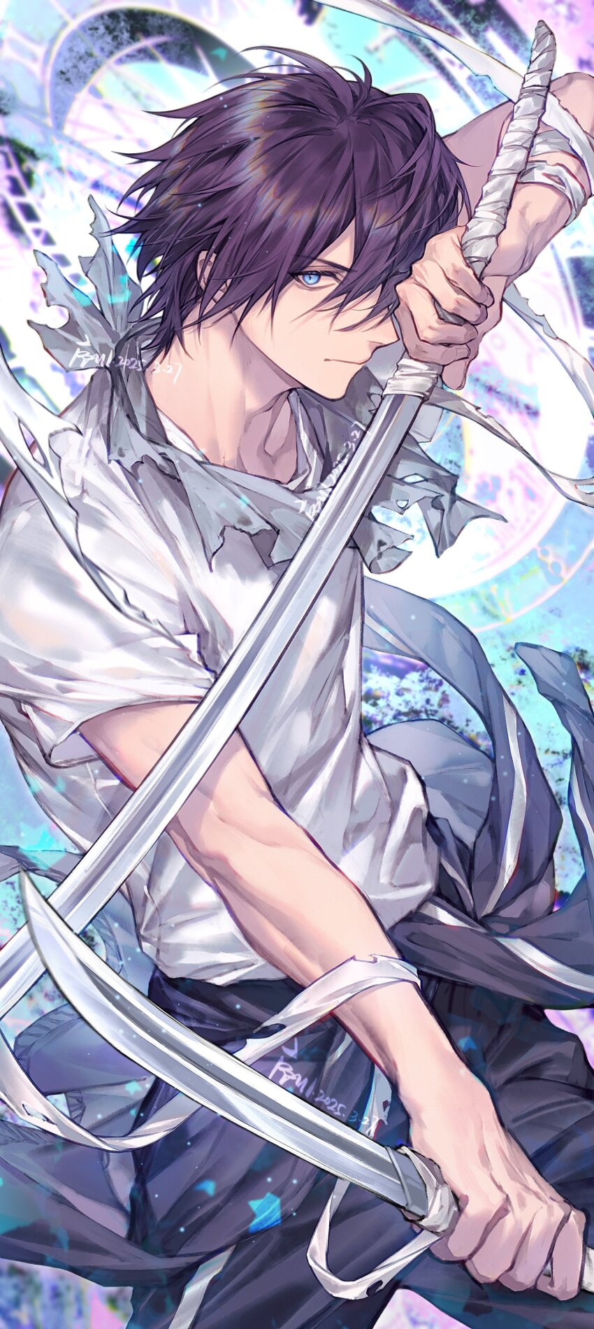 1boy absurdres artist_name blue_eyes closed_mouth clothes_around_waist commentary_request cowboy_shot dagger dated dual_wielding fighting_stance highres holding holding_dagger holding_knife holding_sword holding_weapon jacket jacket_around_waist knife noragami pants purple_hair reverse_grip shirt solo sword weapon white_shirt xuchuan yato_(noragami)