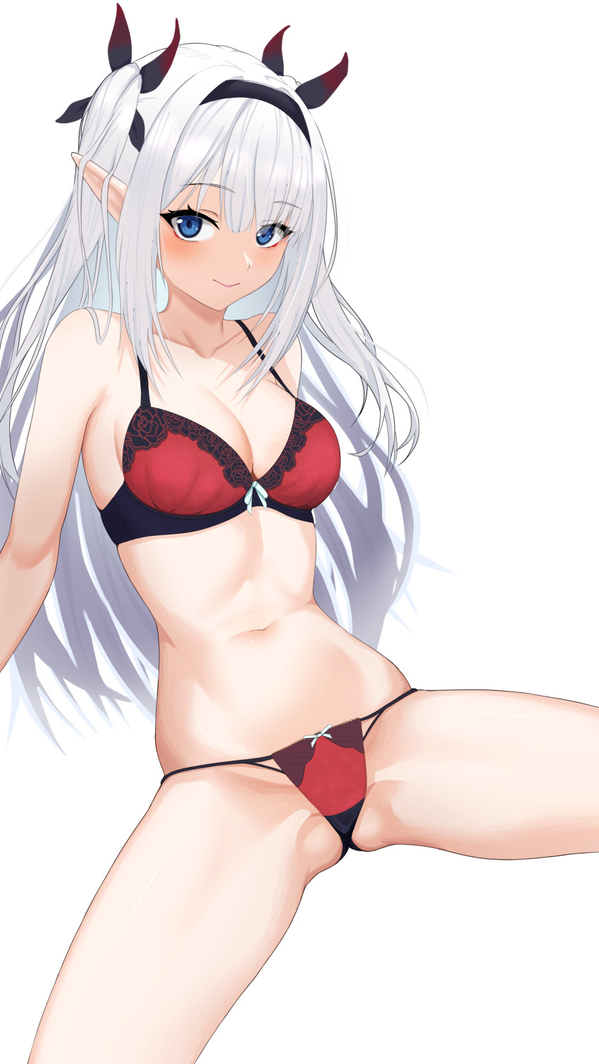 1girl absurdres black_hairband blue_eyes blush bra breasts cleavage closed_mouth eyebrows_hidden_by_hair feet_out_of_frame full_body groin hair_between_eyes hair_ornament hairband highres isekai_nonbiri_nouka large_breasts long_hair looking_at_viewer navel panties pointy_ears red_bra red_panties rurushi_ru simple_background sitting smile solo sona_konohatori spread_legs stomach underwear underwear_only vampire very_long_hair white_background white_hair
