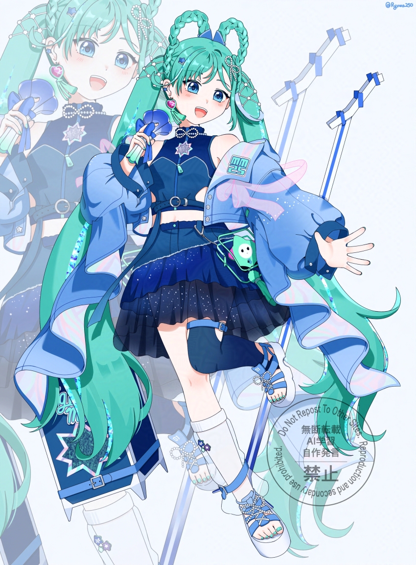 1girl absurdres anastry_00 aqua_hair aqua_nails asymmetrical_legwear beads belt belt_buckle black_belt blue_belt blue_eyes blue_flower blue_jacket blue_shirt blue_skirt blue_thighhighs braid braided_hair_rings buckle commentary english_commentary eyelashes flower full_body hair_beads hair_ornament hair_rings happy hatsune_miku high_belt highres holding holding_microphone jacket kneehighs knees leg_belt leg_up long_hair long_sleeves magical_mirai_(vocaloid) magical_mirai_miku magical_mirai_miku_(2025) microphone microphone_stand midriff miniskirt mismatched_legwear multiple_belts nail_polish o-ring open_clothes open_jacket platform_sandals pleated_skirt puffy_long_sleeves puffy_sleeves sandals shirt single_kneehigh single_sock single_thighhigh skirt sleeveless sleeveless_shirt socks solo standing stirrup_legwear swept_bangs thigh_belt thigh_strap thighhighs toeless_legwear toenail_polish toenails toes turtleneck turtleneck_shirt twintails very_long_hair vocaloid watermark white_background white_sandals white_socks zoom_layer