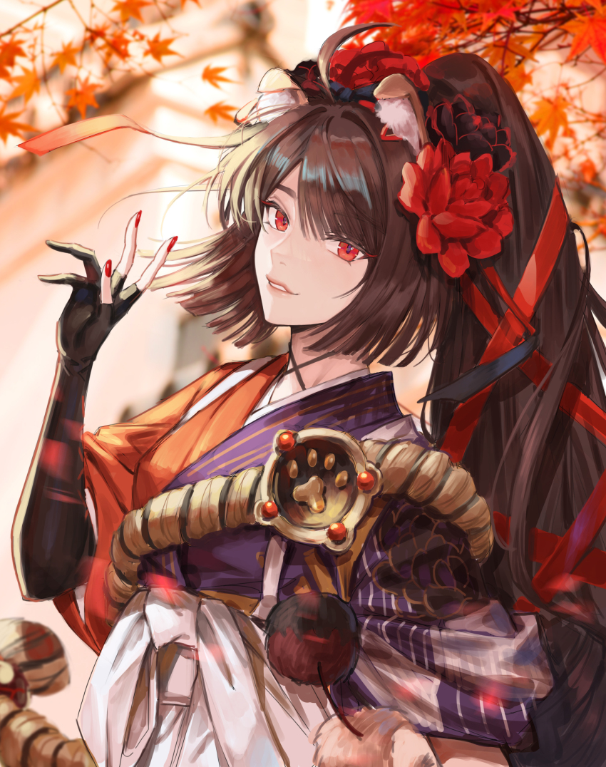 1girl absurdres ahoge animal_ear_fluff animal_ears apron black_flower black_gloves blunt_ends blurry branch brown_hair depth_of_field dnstar_1019 dog_ears dog_girl elbow_gloves fate/grand_order fate_(series) flower gloves hair_between_eyes hair_flower hair_ornament hair_ribbon hand_up high_ponytail highres japanese_clothes kimono korean_commentary kyokutei_bakin_(fate) kyokutei_bakin_(first_ascension)_(fate) leaf light_smile long_hair looking_at_viewer maple_leaf multicolored_kimono nail_polish outdoors parted_bangs parted_lips partially_fingerless_gloves paw_print ponytail red_eyes red_flower red_nails red_ribbon ribbon solo tasuki upper_body waist_apron white_apron