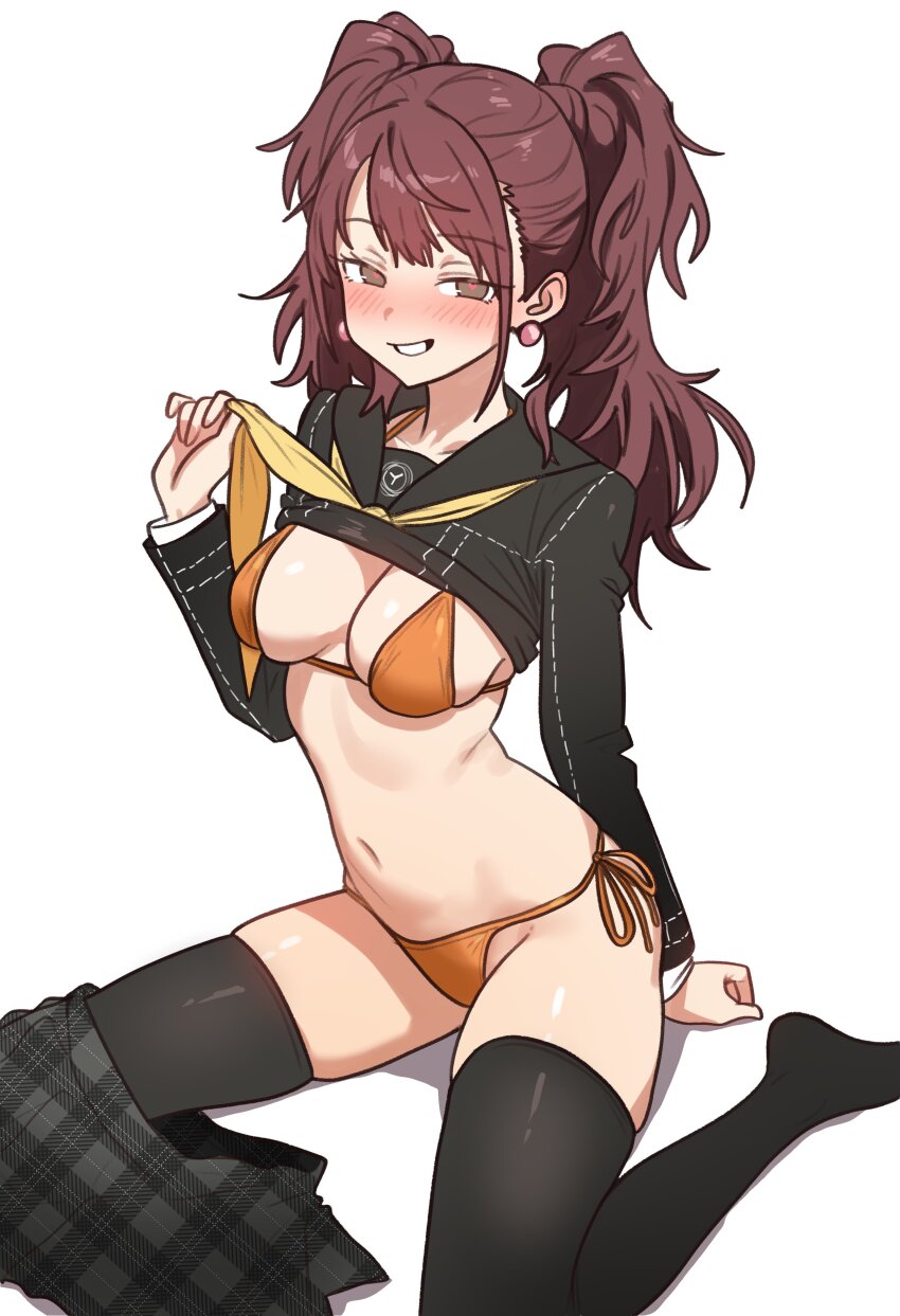 1girl absurdres bikini black_shirt black_skirt black_thighhighs blush breasts brown_eyes brown_hair cleavage clothes_lift clothes_pull earrings ebora grin heart heart-shaped_pupils highres jewelry kujikawa_rise large_breasts long_hair long_sleeves looking_at_viewer medium_breasts navel neckerchief orange_bikini pearl_earrings persona persona_4 plaid_clothes plaid_skirt school_uniform serafuku shirt shirt_lift simple_background sitting skirt skirt_around_one_leg skirt_pull smile solo swimsuit symbol-shaped_pupils thighhighs twintails white_background yasogami_school_uniform yellow_neckerchief