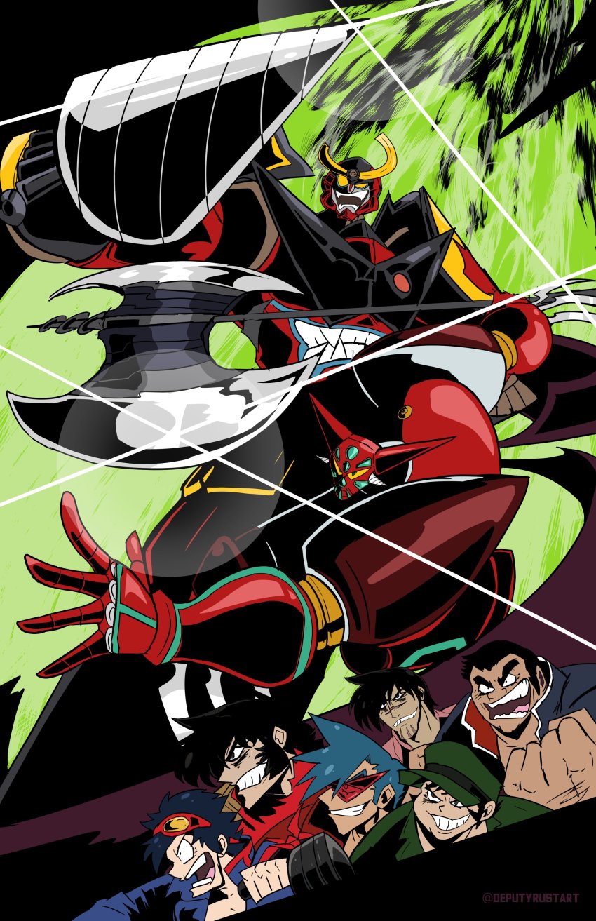 6+boys absurdres bandages benkei_kuruma black_hair blue_hair clenched_hands crossover deputy_rust drill getter_robo gloves glowing glowing_eyes goggles grin gurren-lagann hair_behind_ear highres holding jacket jin_hayato kamina_(ttgl) kamina_shades mecha multiple_boys musashi_tomoe nagare_ryoma red_scarf robot scarf shin_getter-1 shin_getter_robo shirt sideburns simon_(ttgl) smile super_robot tattoo teeth tengen_toppa_gurren_lagann topless_male triangular_eyewear weapon wings yellow_eyes