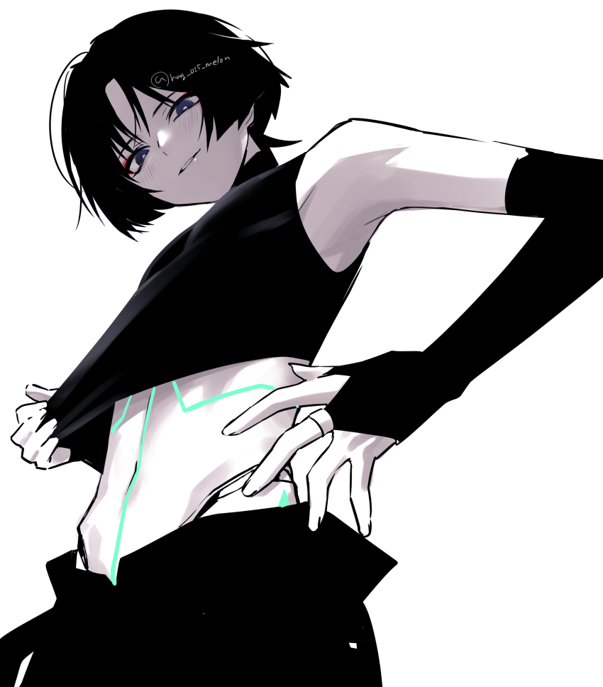 1boy absurdres black_bridal_gauntlets black_hair black_shirt black_shorts blunt_ends bridal_gauntlets bright_pupils clothes_lift cropped_shirt doll_joints eyeliner eyeshadow fingernails from_below genshin_impact glowing_markings hag_(hag_015) highres joints light_blush looking_at_viewer makeup male_focus middle_ring midriff navel open_hand pale_skin parted_lips partially_unbuttoned purple_eyes red_eyeliner red_eyeshadow scaramouche_(genshin_impact) shirt shirt_lift shorts sleeveless sleeveless_shirt smile solo turtleneck turtleneck_shirt twitter_username wanderer_(genshin_impact) white_background white_mouth white_pupils