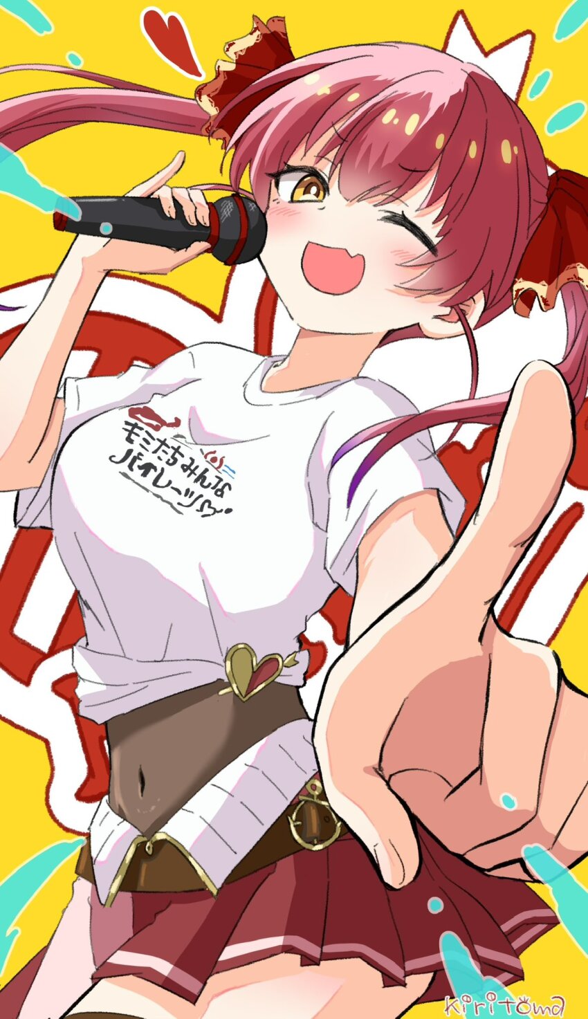 1girl ;d blush breasts brown_background brown_eyes brown_leotard clothes_writing commentary_request covered_navel fang hair_between_eyes hair_ribbon highres holding holding_microphone hololive houshou_marine houshou_marine_(1st_costume) kiritoma leotard leotard_under_clothes looking_at_viewer medium_breasts microphone one_eye_closed open_mouth outstretched_arm pleated_skirt pointing pointing_at_viewer red_hair red_ribbon red_skirt ribbon shirt short_sleeves signature skirt smile solo translation_request twintails virtual_youtuber white_shirt