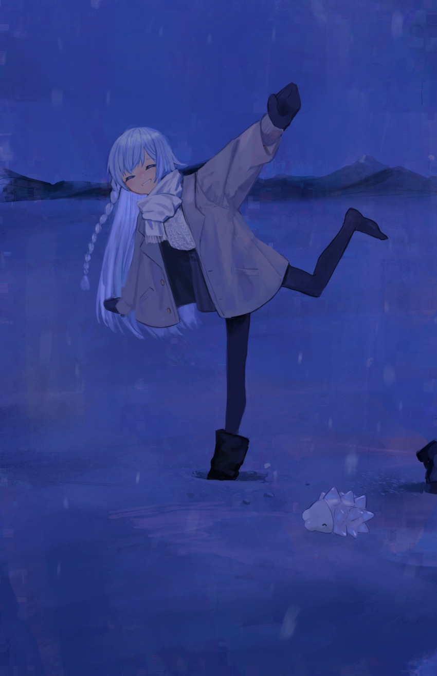 1girl 1other black_pantyhose boots braid coat dark gen_8_pokemon highres long_braid long_hair milimilihosi night nintendo open_clothes open_coat outdoors pantyhose pokemon pokemon_(creature) scarf shoes side_braid single_braid single_shoe snom snow sweater unworn_shoes white_hair white_sweater winter winter_clothes