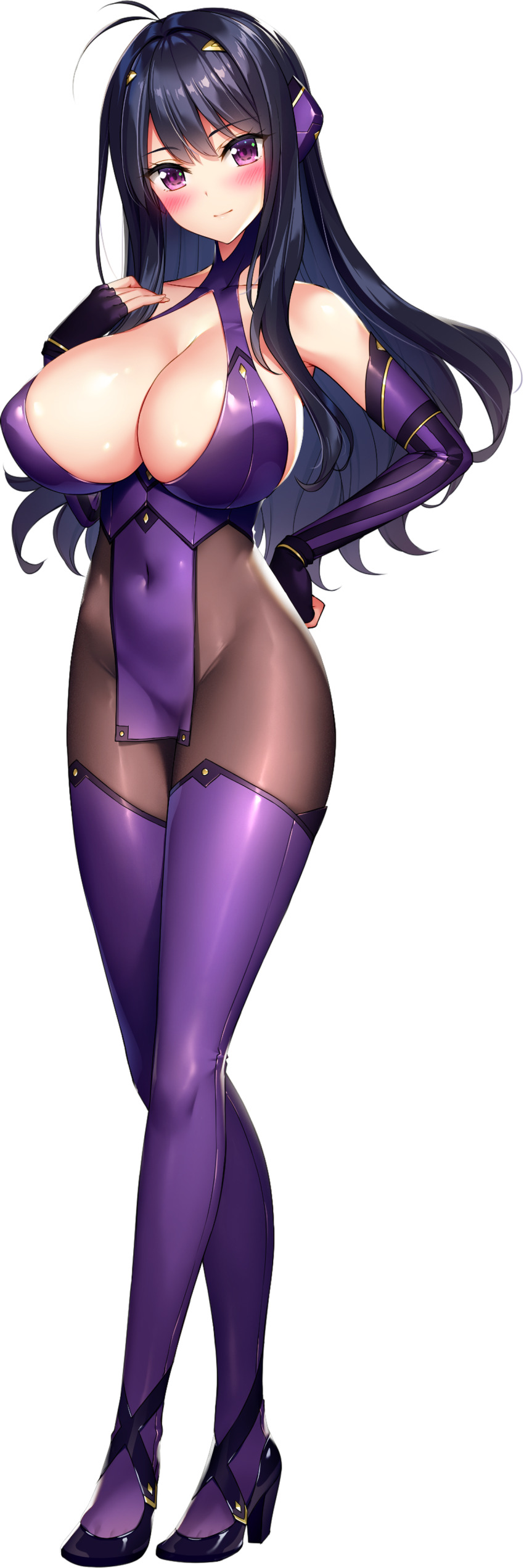 1girl absurdres ahoge black_hair black_pantyhose black_shoes blush bodysuit breasts cleavage closed_mouth covered_navel derauea elbow_gloves fingerless_gloves full_body game_cg gloves hand_on_own_hip high_heels highres horns impossible_bodysuit impossible_clothes jougasaki_rio large_breasts long_hair looking_at_viewer mechanical_horns milk_factory motto!_haramase!_honoo_no_oppai_chou_ero_appli_gakuen! non-web_source official_art pantyhose pelvic_curtain purple_eyes purple_thighhighs shoes smile solo sprite_art standing tachi-e thighhighs transparent_background wing_hairpin