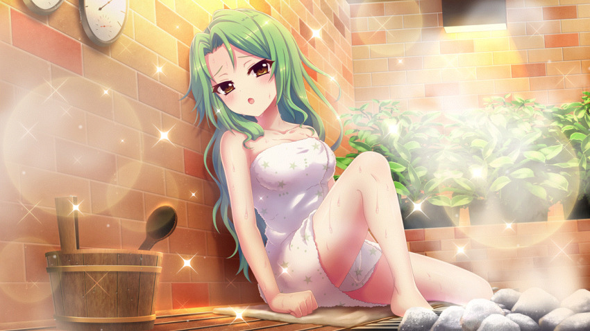 1girl breasts brick_wall bucket cleavage collarbone dot_nose film_grain game_cg gauge green_hair hair_down hot indoors izumi_tsubasu large_breasts lens_flare long_hair looking_at_viewer naked_towel non-web_source official_art open_mouth plant print_towel re:stage! reclining rock sauna shirokita_kuroha sitting solo sparkle star_(symbol) star_print steam sweat towel very_sweaty yellow_eyes