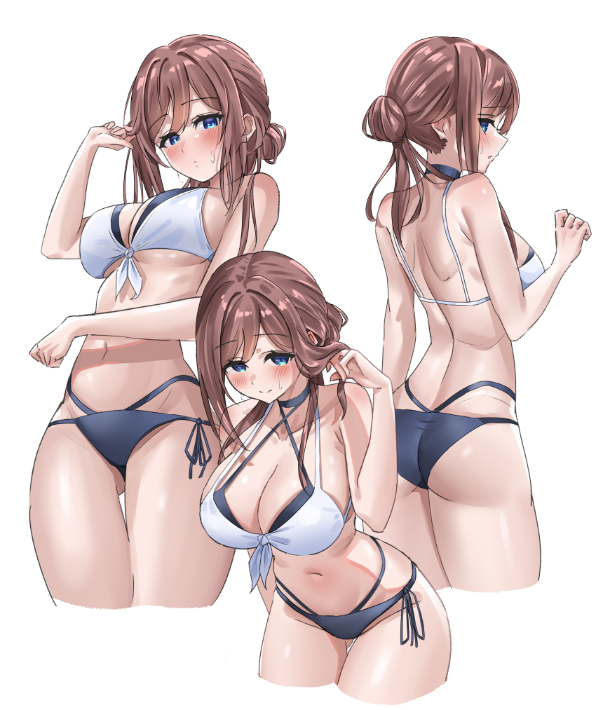 1girl absurdres bare_shoulders bikini blue_eyes breasts brown_hair choker cleavage commentary cropped_legs front-tie_bikini_top front-tie_top gakuen_idolmaster highres himesaki_rinami idolmaster large_breasts leaning_forward looking_at_viewer looking_back multicolored_bikini multiple_views navel side-tie_bikini_bottom simple_background swimsuit uyufuzi_s white_background white_bikini