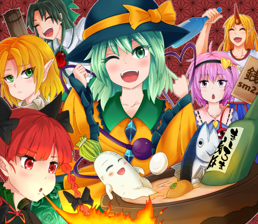 6+girls animal_ears arm_cannon black_hairband black_headwear blonde_hair blouse blue_shirt blush bottle braid breath_weapon breathing_fire buttons cat_ears closed_mouth collared_shirt commentary_request control_rod_(touhou) cookie_(touhou) daikon extra_ears eyeball fire fish food frilled_shirt_collar frilled_sleeves frills fruit green_eyes green_hair hair_between_eyes hairband hat hat_ribbon heart heart_of_string highres hisui_(cookie) horns hoshiguma_yuugi joker_(cookie) kaenbyou_rin komeiji_koishi komeiji_satori long_hair long_sleeves mandarin_orange mashiroma_zenima medium_hair mizuhashi_parsee mukumuku_(cookie) multiple_girls nabe niconico_id one_eye_closed open_mouth osanai_(cookie) parted_bangs pink_eyes pink_hair pointy_ears pot puffy_short_sleeves puffy_sleeves radish red_background red_eyes red_hair reiuji_utsuho reu_daikon ribbon ribbon-trimmed_collar ribbon_trim sake_bottle sananana_(cookie) scarf shirt short_hair short_sleeves single_horn smile soup t-shirt third_eye touhou tuna twin_braids upper_body weapon white_scarf white_shirt wide_sleeves yan_pai yellow_ribbon yellow_shirt