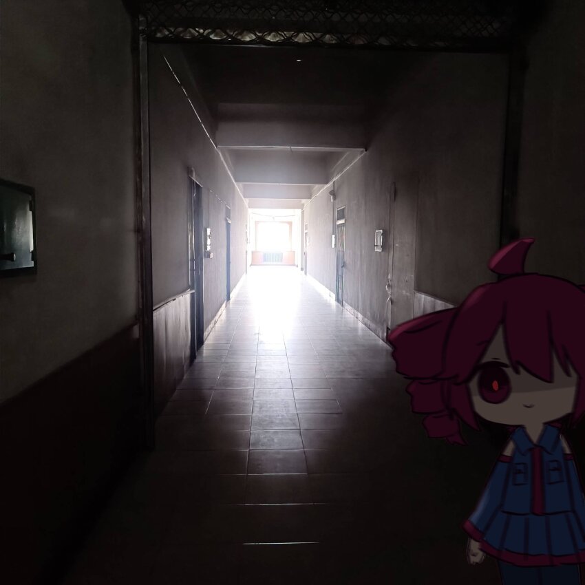 1girl ahoge chibi chibi_only closed_mouth cowboy_shot detached_sleeves drill_hair glowing glowing_eyes hallway highres hyouenn kasane_teto kasane_teto_(utau) long_sleeves looking_at_viewer photo_background pleated_skirt red_eyes red_hair shirt skirt sleeveless sleeveless_shirt smile solo standing twin_drills utau wide_shot
