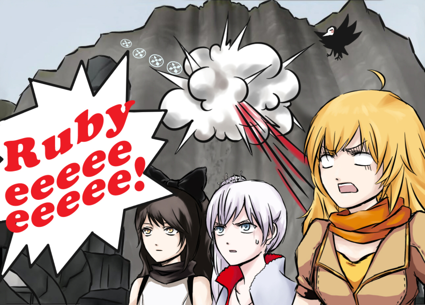 3girls ahoge bad_end bird black_hair blake_belladonna blonde_hair bow empty_eyes english_text failure hair_bow long_hair lyy magic_circle mask monster multiple_girls nevermore nevermore_(rwby) open_mouth ponytail rwby scar scarf speech_bubble sweatdrop weiss_schnee white_hair yang_xiao_long yellow_eyes