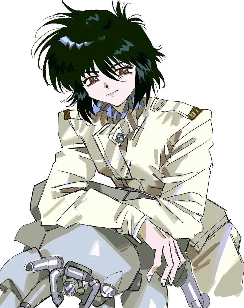 1girl black_hair ghost_in_the_shell highres kusanagi_motoko leaning_forward looking_at_viewer northdiiiio red_eyes robot short_hair simple_background tachikoma uniform white_background