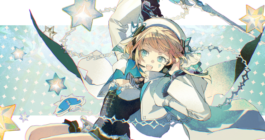 1girl arcaea arm_up bare_legs beret blonde_hair blue_background blue_eyes commentary corset cowboy_shot cropped_jacket english_commentary eto_(arcaea) facial_mark hat highres holding holding_sword holding_weapon jacket letterboxed lobelia_(saclia) looking_at_viewer shirt short_hair smile solo star_(symbol) sword thigh_strap weapon white_hat white_jacket white_shirt