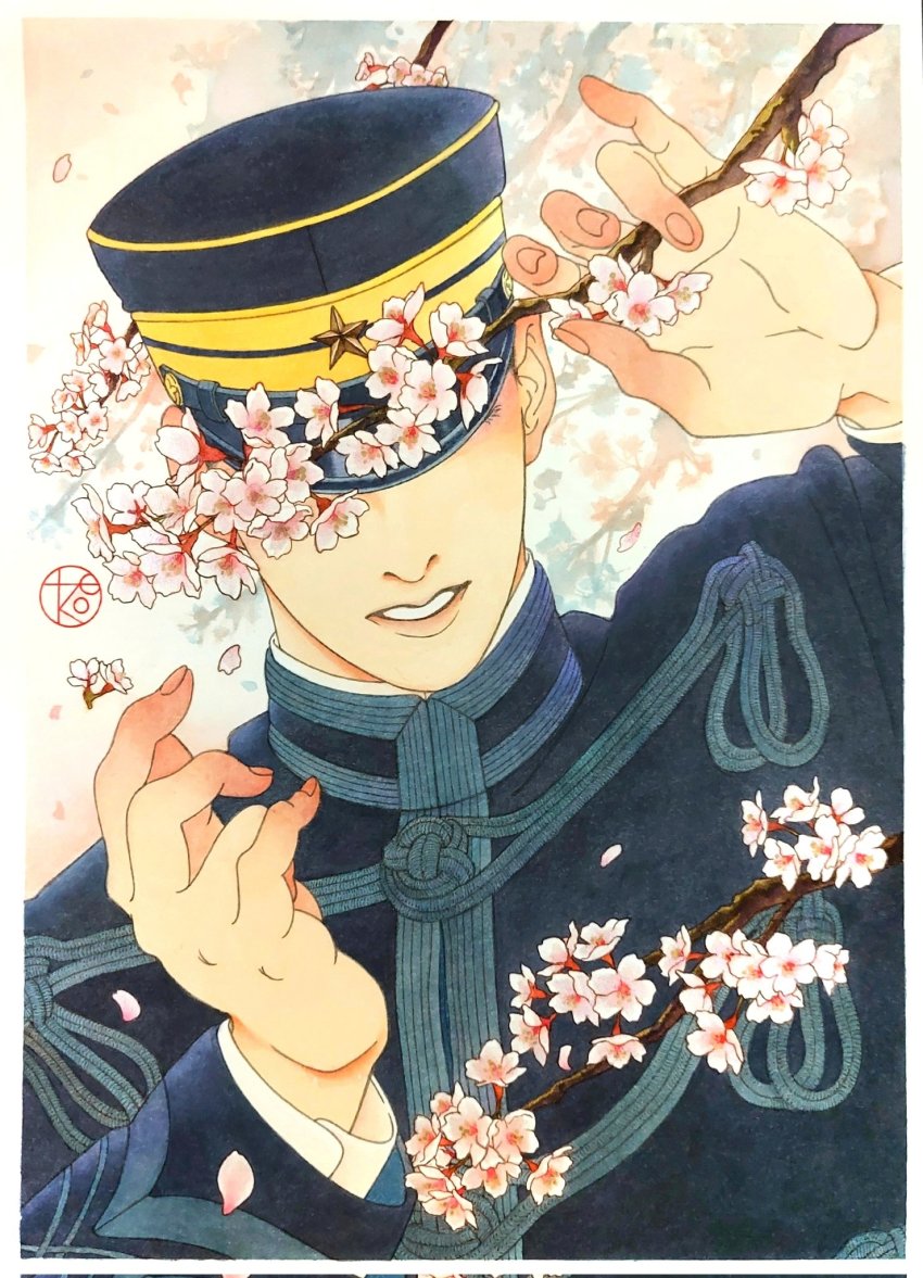 1boy cherry_blossoms day golden_kamuy hanazawa_yusaku hand_up hat highres kepi male_focus military military_hat military_uniform outdoors parted_lips petals solo teko_kijibato upper_body
