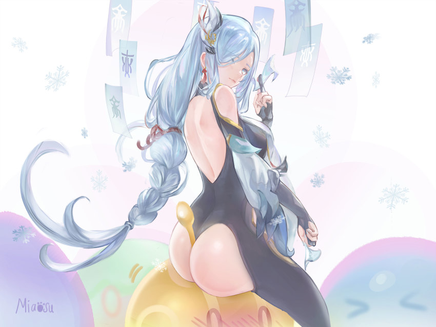 &gt;_&lt; 0_0 1girl absurdres artist_name ass back bare_shoulders between_buttocks between_fingers black_bodysuit black_gloves blue_eyes blue_hair bodysuit braid breasts closed_mouth clothing_cutout creature detached_sleeves earrings elbow_gloves genshin_impact gloves hair_ornament hair_over_one_eye highres holding jewelry large_breasts long_hair long_sleeves looking_at_viewer looking_back miaosu partially_fingerless_gloves shenhe_(genshin_impact) shoulder_cutout simple_background single_braid sitting slime_(genshin_impact) smile snowflakes solo_focus tassel tassel_earrings very_long_hair white_background