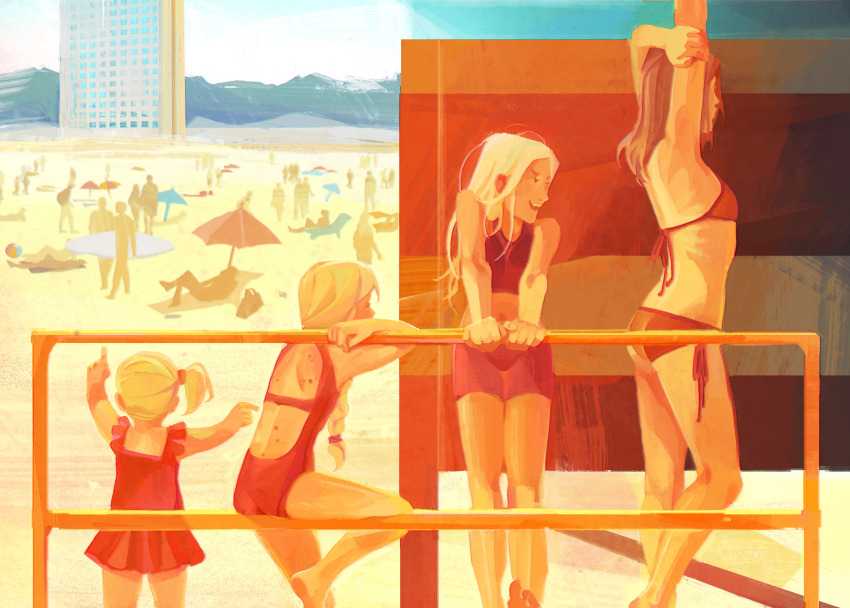 4girls anni-elin_lund arms_up beach beach_umbrella bikini blonde_hair braid brown_hair building charlotte_lund child disco_elysium dress highres holding holding_surfboard long_hair looking_at_another maj_lund malin_lund multiple_girls nofaceuserr ocean one-piece_swimsuit open_mouth outdoors pointing ponytail red_bikini red_dress red_one-piece_swimsuit red_shorts red_swim_trunks sacred_and_terrible_air shorts siblings sisters smile surfboard swimsuit teeth umbrella upper_teeth_only