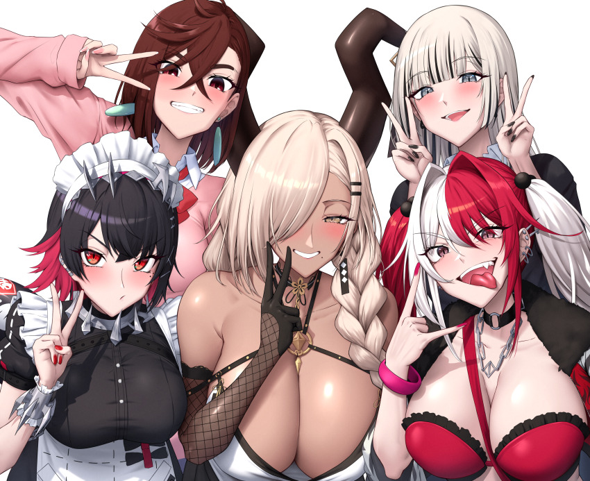 5girls apron ayase_momo azur_lane bare_shoulders black_dress black_hair black_shirt blunt_bangs blush bra braid breasts brown_gloves brown_hair chain chain_necklace choker cleavage collar collared_shirt colored_inner_hair crossed_bangs dandadan dark-skinned_female dark_skin dress earrings elbow_gloves ellen_joe fate/grand_order fate_(series) fur_collar gloves grey_eyes grin hair_between_eyes hair_bobbles hair_ornament hair_over_one_eye hairband highres horns jacket jewelry kasai_seira large_breasts long_hair long_sleeves looking_at_viewer low_twin_braids maid_headdress matsunaga_hisahide_(fate) metal_collar metal_hairband multicolored_hair multiple_girls necklace open_mouth owari_(azur_lane) pink_hair pink_sweater puffy_short_sleeves puffy_sleeves red_bra red_eyes red_hair red_jacket shiroshisu shirt short_hair short_sleeves smile sono_bisque_doll_wa_koi_wo_suru spiked_headband split-color_hair sweater tongue tongue_out twin_braids twintails underwear voice_actor_connection waist_apron wakayama_shion white_apron white_bra white_hair white_shirt white_sleeves wide_sleeves wrist_cuffs zenless_zone_zero