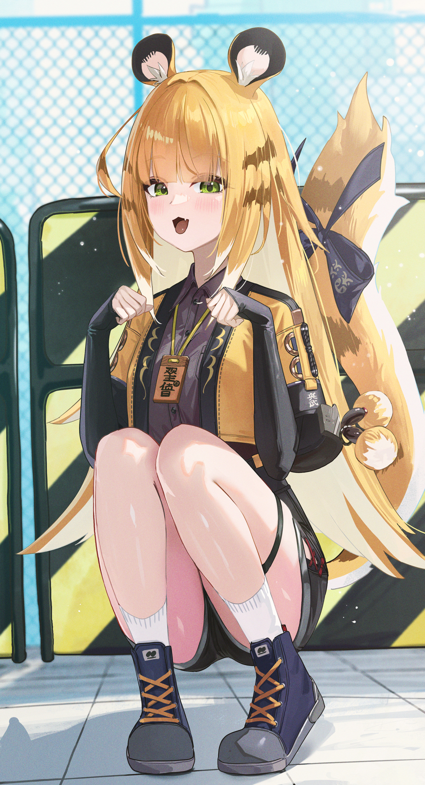 1girl absurdres animal_ear_fluff animal_ears black_shorts blonde_hair colored_inner_hair fieryonion gloves green_eyes highres jacket ju_fufu long_hair looking_at_viewer multicolored_hair open_mouth shirt shorts smile solo tail tiger_ears tiger_girl tiger_tail zenless_zone_zero