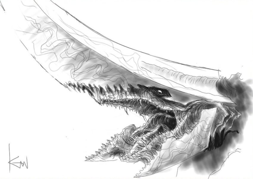 concept_art engi_(animation_studio) gamera_(series) gamera_-rebirth- giant giant_monster guiron kadokawa kaiju mandibles monochrome monster no_humans official_art open_mouth promotional_art roaring sharp_teeth signature sketch sword takahama_kan teeth weapon