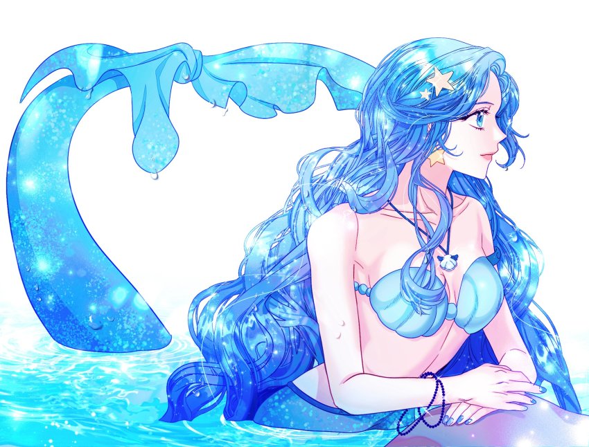1girl bead_bracelet beads bikini bikini_top_only blue_bikini blue_eyes blue_hair blue_nails bracelet collarbone earrings hair_ornament highres houshou_hanon houshou_hanon_(mermaid) jewelry korean_commentary long_hair looking_to_the_side mermaid mermaid_melody_pichi_pichi_pitch monster_girl nail_polish necklace shell shell_necklace smile solo star_(symbol) star_earrings star_hair_ornament swimsuit tia_(s2tia_98) very_long_hair