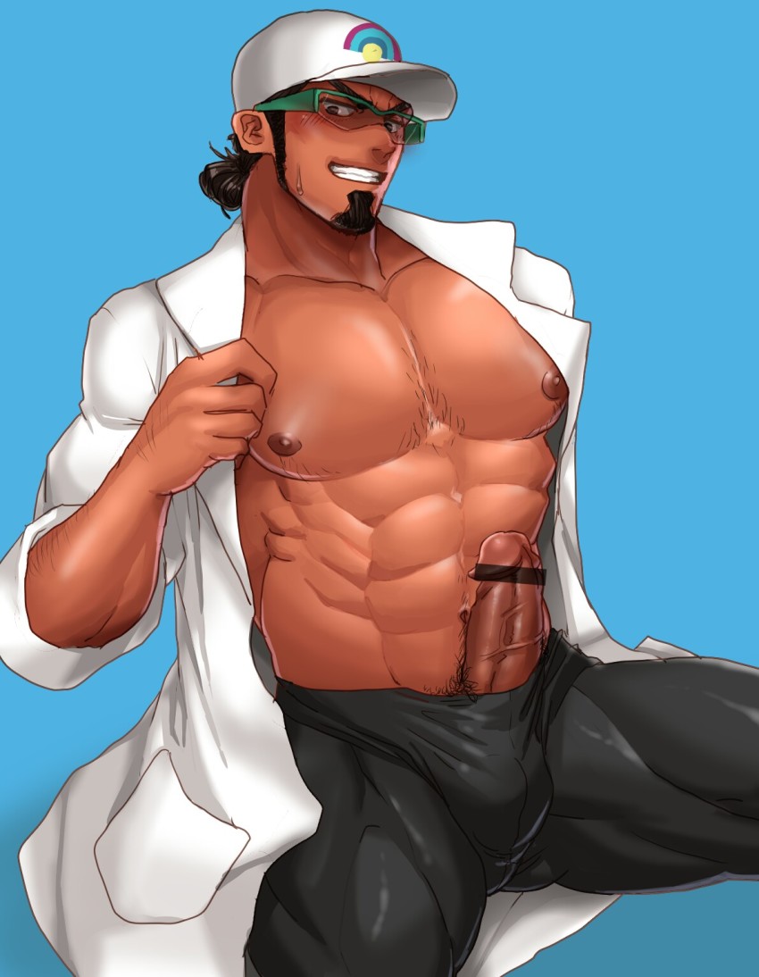 1boy abs bad_id bad_pixiv_id bara bare_pectorals blue_background body_hair bulge crotch dark-skinned_male dark_skin erection erection_under_clothes facial_hair glasses hat highres kukui_(pokemon) large_pectorals male_focus manly muscular nintendo nipples pectorals penis pokemon pokemon_sm sideburns sitting smile solo teeth thighs undressing yuatari