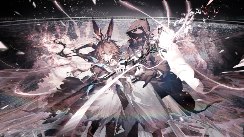 1girl 1other afterimage amiya_(arknights) amiya_(medic)_(arknights) animal_ears arknights black_gloves black_jacket black_mask blue_eyes brown_hair doctor_(arknights) dress feet_out_of_frame floating_hair game_cg gloves hand_up highres holding holding_staff hood hood_up hooded_jacket jacket jewelry long_dress looking_at_viewer mask mouth_mask multiple_rings official_art one_eye_closed open_clothes open_jacket outdoors outstretched_arm rabbit_ears rabbit_girl ring side-by-side staff third-party_source white_dress