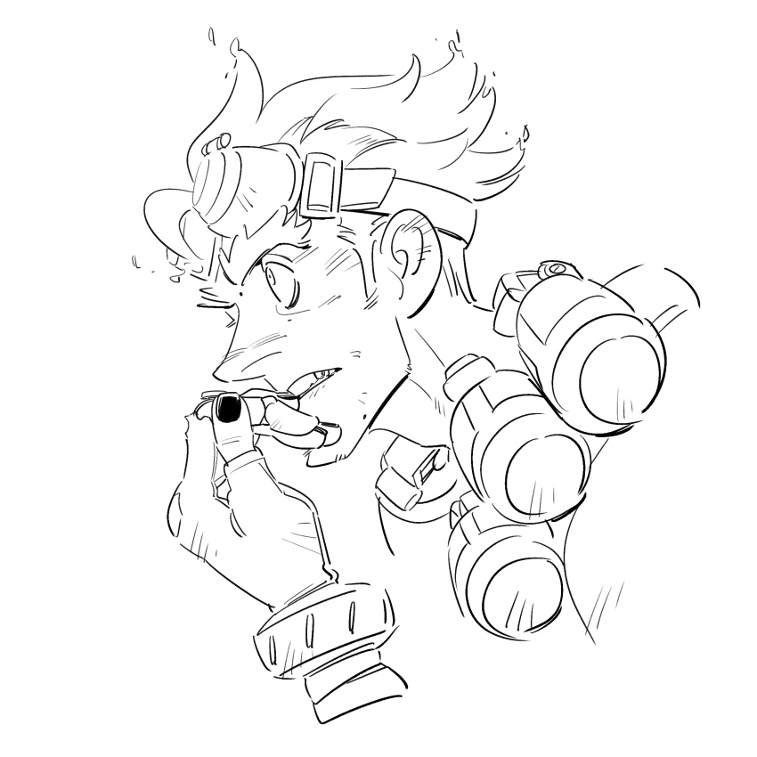 03kiyou absurdres adam&#039;s_apple arm_up bandolier belt biting bracelet cropped_torso curled_fingers embers explosive fingerless_gloves gloves goggles goggles_on_head grenade hair_slicked_back hand_to_own_mouth highres jewelry junkrat_(overwatch) lineart long_nose looking_ahead nail_biting overwatch overwatch_1 profile simple_background teeth white_background