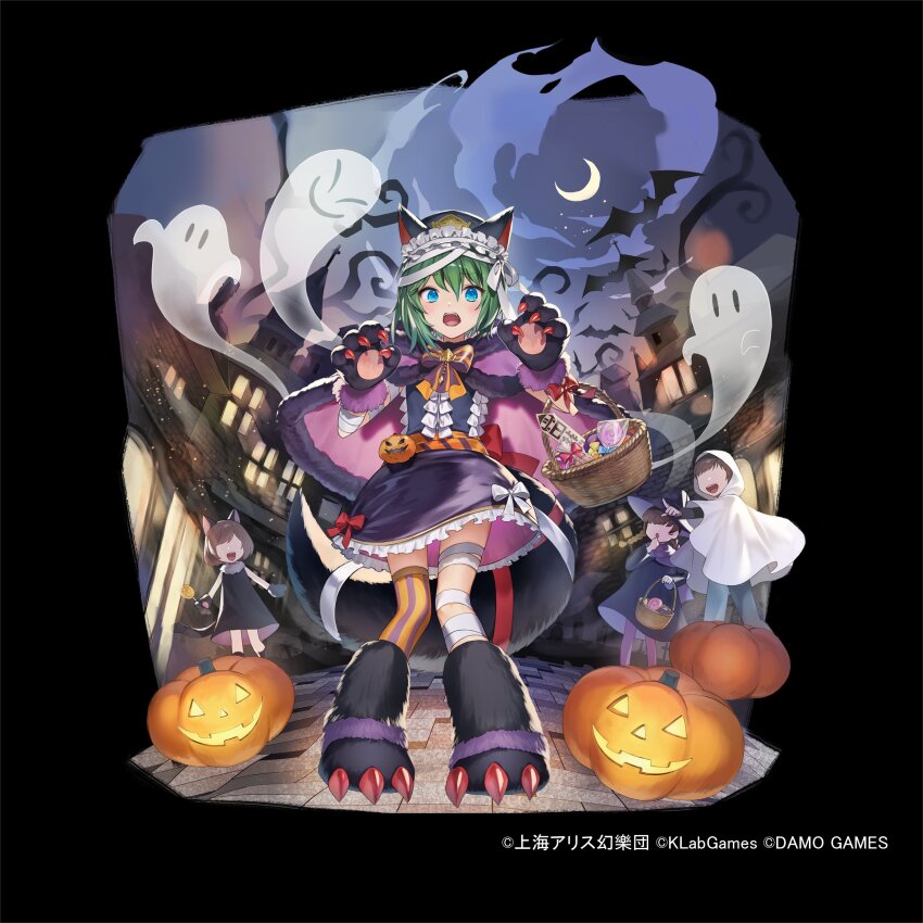 1boy 3girls absurdres animal_ears animal_hands bandaged_arm bandaged_head bandaged_leg bandages basket bat_(animal) black_dress black_footwear blue_eyes bow bowtie building candy cape cat_ears cat_tail claw_pose commentary_request crescent_moon dress fake_animal_ears food frilled_dress frilled_hairband frills fur-trimmed_cape fur_trim ghost ghost_costume gloves green_hair hairband halloween hat highres holding jack-o&#039;-lantern looking_at_viewer moon multiple_girls night night_sky no_eyes official_art open_mouth orange_bow orange_bowtie outdoors paw_gloves paw_shoes pointing purple_cape shiki_eiki short_dress short_hair single_thighhigh sky solo_focus standing tail thighhighs touhou touhou_arcadia_record tsunakawa watermark witch_hat