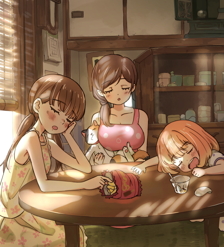 3girls absurdres breasts brown_hair cat chips_(food) closed_eyes dappled_sunlight drooling empty_plate food highres kawamoto_akari kawamoto_hinata kawamoto_momo large_breasts leaning light light_brown_hair light_rays monane4 multiple_girls open_mouth orange_hair potato_chips pudding sangatsu_no_lion siblings sisters sleeping sleeping_upright sunlight