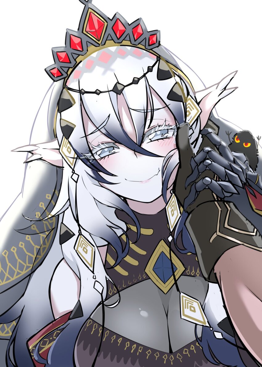 1boy 1girl 1other albaz_(yu-gi-oh!) black_gloves black_tiara blazing_cartesia_the_virtuous breasts cleavage closed_mouth dress duel_monster ecclesia_(yu-gi-oh!) fallen_of_albaz gloves half-closed_eyes hand_on_another&#039;s_cheek hand_on_another&#039;s_face hand_on_another&#039;s_hand highres large_breasts red_eyes simple_background smile tiara veil white_background white_eyes white_hair yata_masahara yu-gi-oh!