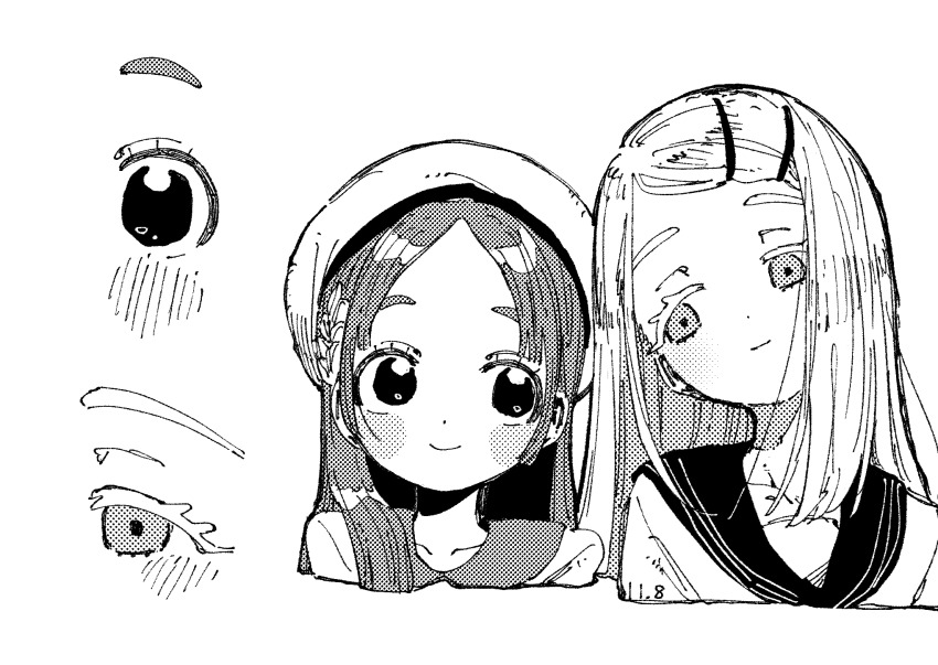2girls beret blush collarbone cropped_torso gakuen_idolmaster greyscale hat head_tilt highres idolmaster kuramoto_china light_smile long_hair looking_at_another monochrome multiple_girls nama_udon parted_bangs shinosawa_hiro simple_background swept_bangs upper_body white_background