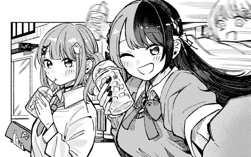 3girls alternate_costume black_collar black_nails bow bowtie braid collar collared_shirt cup drinking drinking_straw greyscale hair_bow hair_ornament hanabusa_lisa highres holding holding_wallet ice ice_cube kou_hei_(takasr_kou) long_hair looking_at_viewer monochrome motion_blur motion_lines multicolored_hair multiple_girls necktie one_eye_closed open_mouth outside_border parted_bangs selfie shinomiya_runa shirt split-color_hair sweater tachibana_hinano two-tone_hair two_side_up upper_body virtual_youtuber vspo! wallet x_hair_ornament