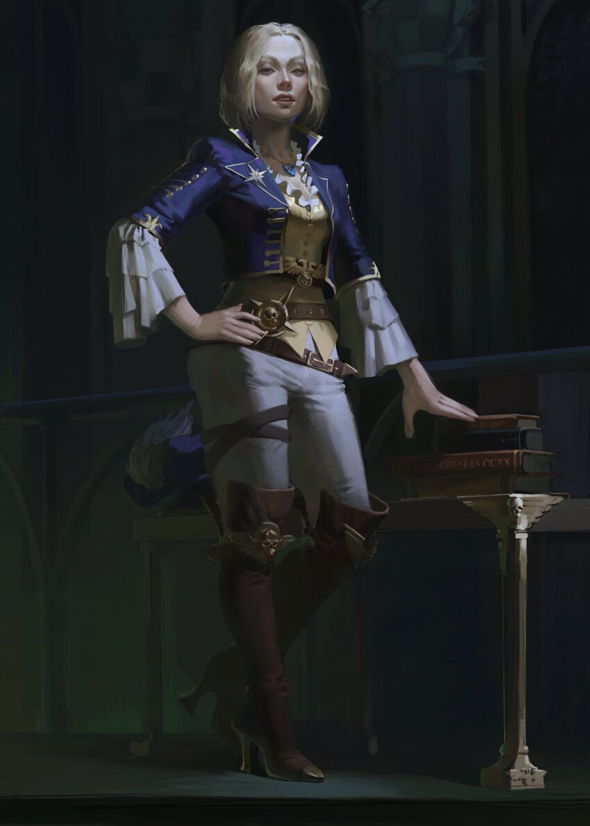 1girl blue_jacket book book_stack boots brown_boots cropped_jacket hand_on_own_hip high_heel_boots high_heels highres indoors jacket looking_at_viewer open_clothes open_jacket pants short_hair solo standing sunriseart3 warhammer_40k white_pants