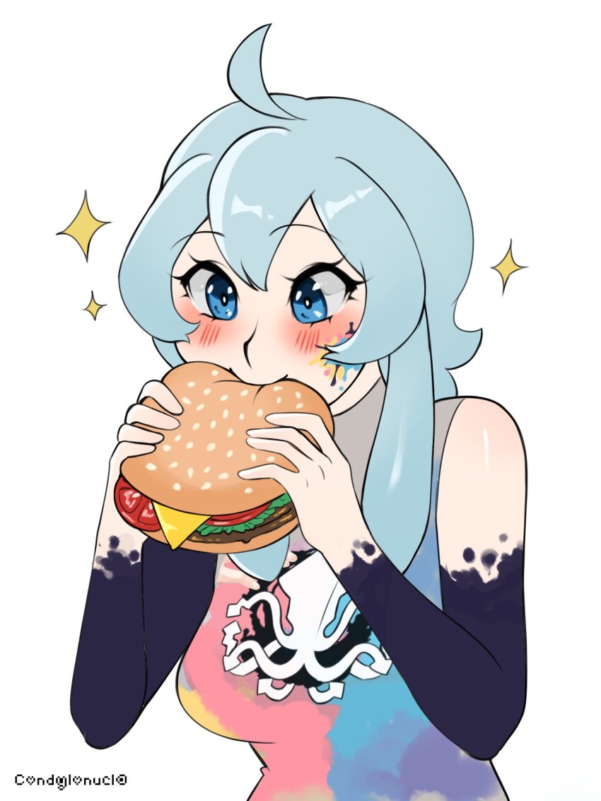 1girl ahoge biting blue_eyes blush bodypaint burger chumu_(teuthidan) commission commissioner_upload condylonucla eating food grey_hair highres holding holding_food original paint_splatter paint_splatter_on_face signature simple_background smile solo sparkle tentacle_hair white_background