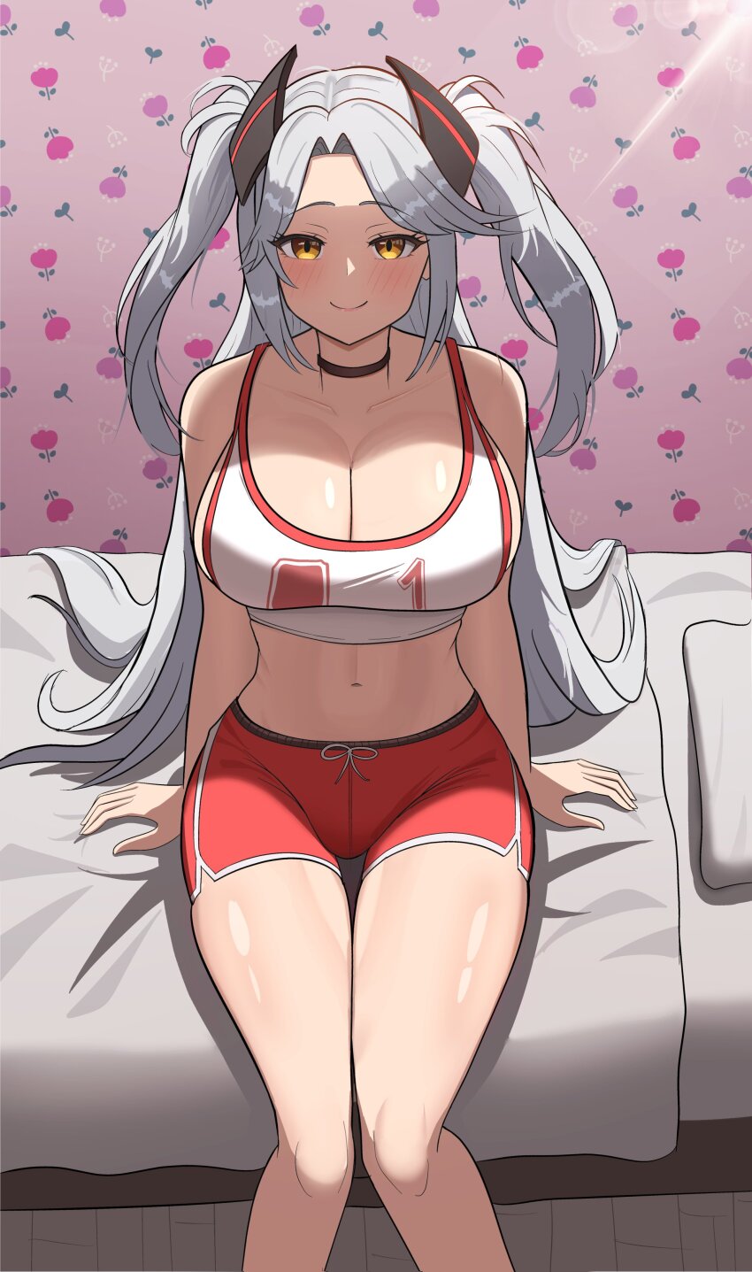 1girl absurdres azur_lane bed bedroom blush bra breasts from_above hair_ornament highres large_breasts long_hair looking_at_viewer prinz_eugen_(azur_lane) prinz_eugen_(brilliant_touchdown)_(azur_lane) red_shorts self-upload shorts simple_background sitting smile solo twintails underwear yissou_art