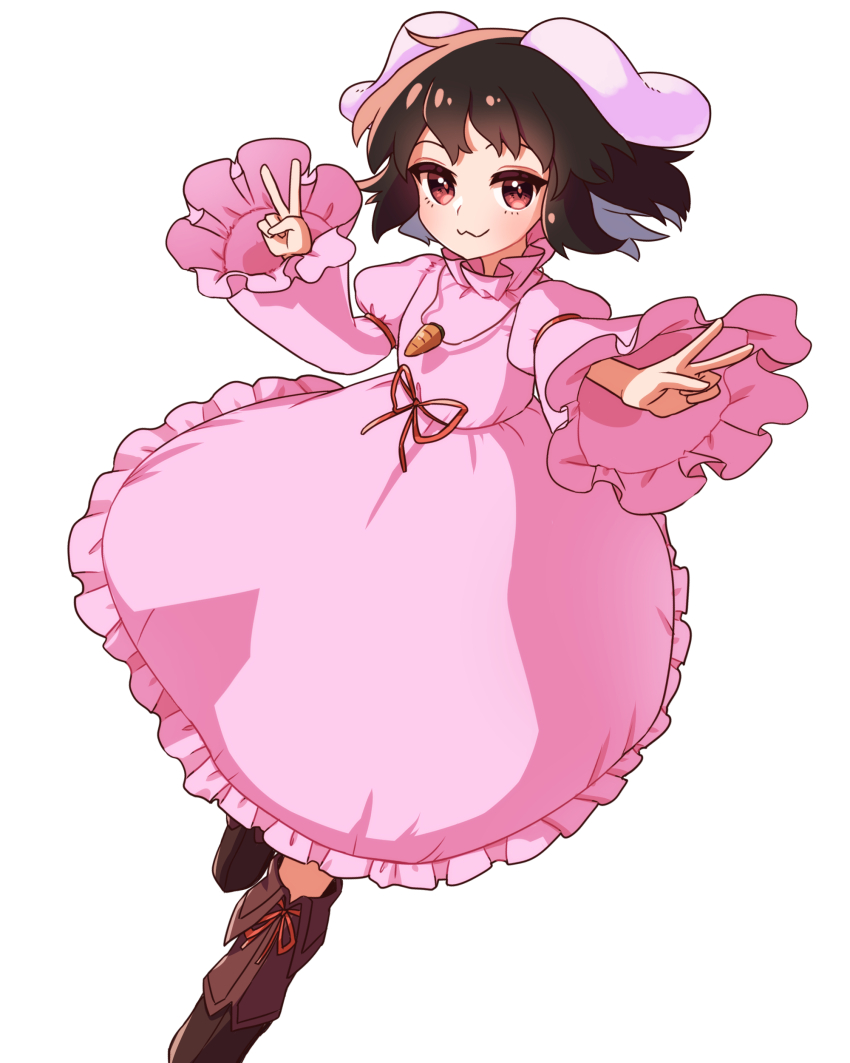 1girl :3 absurdres adapted_costume animal_ears blush boots brown_boots carrot_necklace collar commentary double_v dress dutch_angle floating_hair frilled_collar frilled_sleeves frills highres inaba_tewi jewelry juliet_sleeves long_sleeves looking_at_viewer lop_rabbit_ears min1223 necklace petticoat pink_dress puffy_sleeves rabbit_ears rabbit_girl short_hair simple_background solo touhou v white_background