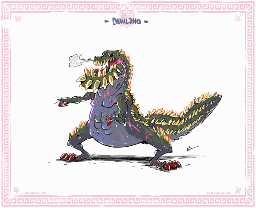 border character_name deviljho dragon eliz0r email_address highres monster monster_hunter:_world monster_hunter_(series) monster_hunter_world:_iceborne motion_blur no_humans punching signature simple_background steam_from_nose tumblr_username