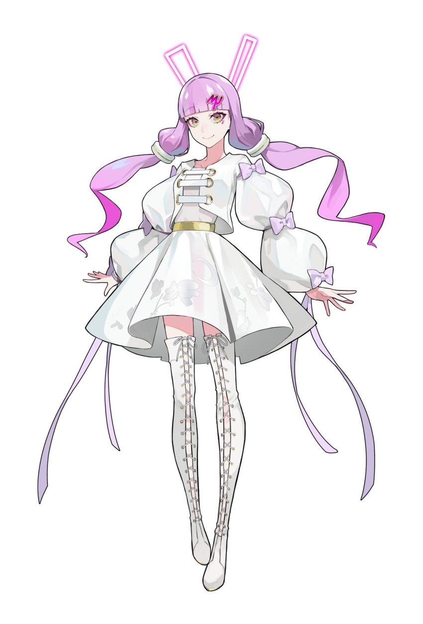 1girl blunt_bangs boots bow bowtie commentary dress facial_tattoo female_focus full_body hair_ornament hair_tubes hairclip highres lace-up_boots lam_(ramdayo) long_hair long_sleeves looking_at_viewer official_art puffy_long_sleeves puffy_sleeves purple_bow purple_eyes purple_hair purple_ribbon rabbit_tattoo ribbon simple_background smile solo standing tattoo thigh_boots thighhighs twintails vocaloid voiceroid white_background white_boots white_dress white_thighhighs yuzuki_yukari yuzuki_yukari_(mu)