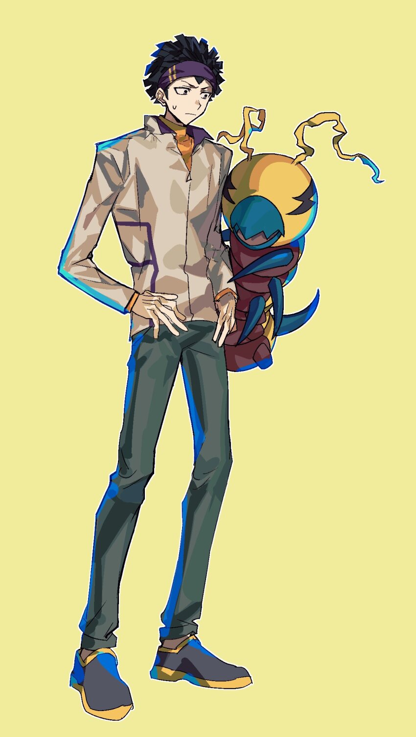 1boy 1other bandana digimon digimon_(creature) digimon_survive highres kunemon no_eyes simple_background tominaga_ryo