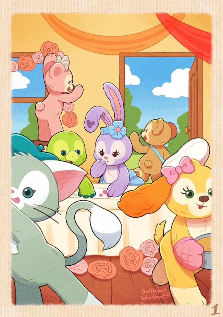 3boys 3girls animal_ears bear_girl cookieann duffy_and_friends duffy_the_disney_bear gelatoni green_fur highres looking_at_viewer multiple_boys multiple_girls olu_mel rabbit_ears rabbit_girl shelliemay shirt smile stellalou stuffed_animal stuffed_toy takatmaorange turtle_boy