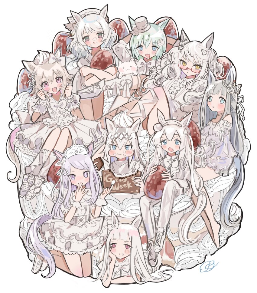 6+girls :p absurdres alternate_costume biwa_hayahide_(umamusume) blue_eyes blush chocolate chrono_genesis_(umamusume) commentary curren_chan_(umamusume) eating english_text food fruit glasses gold_ship_(umamusume) grey_hair hair_between_eyes hair_ornament highres hishi_miracle_(umamusume) horse_girl kumo_(mokumoku_warabi) mejiro_mcqueen_(umamusume) multiple_girls oguri_cap_(umamusume) purple_eyes seiun_sky_(umamusume) strawberry tamamo_cross_(umamusume) thighhighs tongue tongue_out umamusume white_background