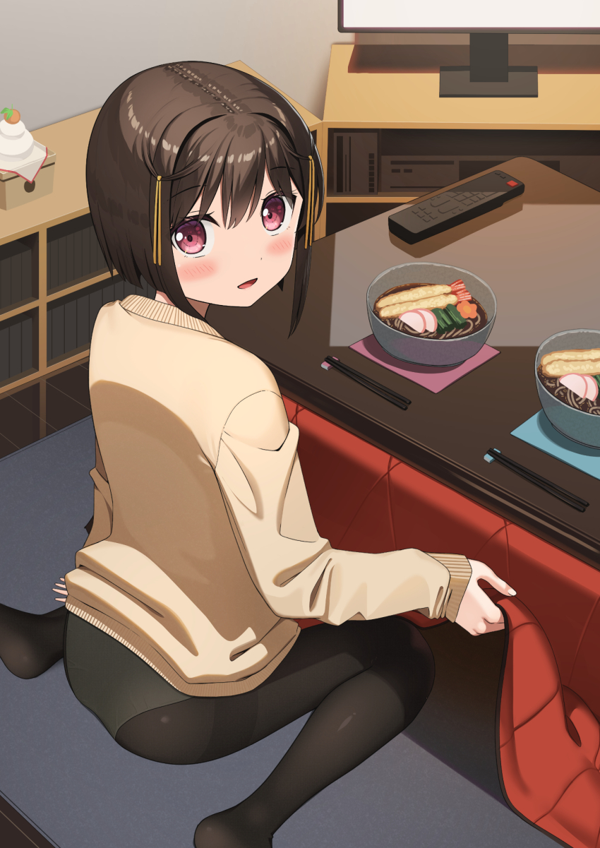 1girl apollo_(hu_maple) black_pantyhose brown_hair brown_sweater food hair_ornament highres kotatsu looking_at_viewer noodles original panties pantyhose red_eyes sitting sweater table udon underwear wariza