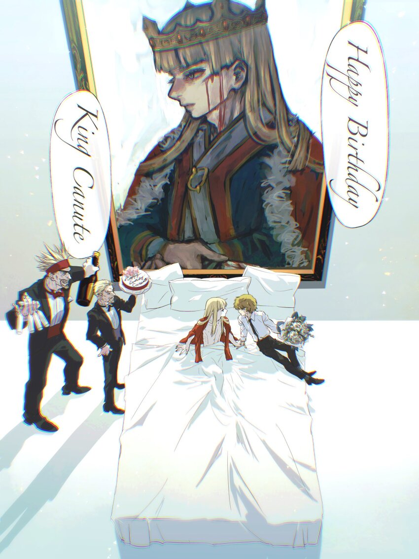 4boys androgynous askeladd beard bed birthday_cake black_pants bleeding blonde_hair blood blood_on_face blue_eyes bouquet bow bowtie cake canute carrying champagne_bottle character_name contemporary crown english_text eyelashes eyepatch face-to-face facial_hair flower food formal_clothes full_body fur_trim happy_birthday headband highres holding indoors king long_hair looking_at_another male_focus multiple_boys nipples painting_(object) pants pillow portrait scar shirt shoes sitting speech_bubble spiked_hair spring_deers standing suit thorfinn thorkell tuxedo viking vinland_saga white_shirt wings yaoi