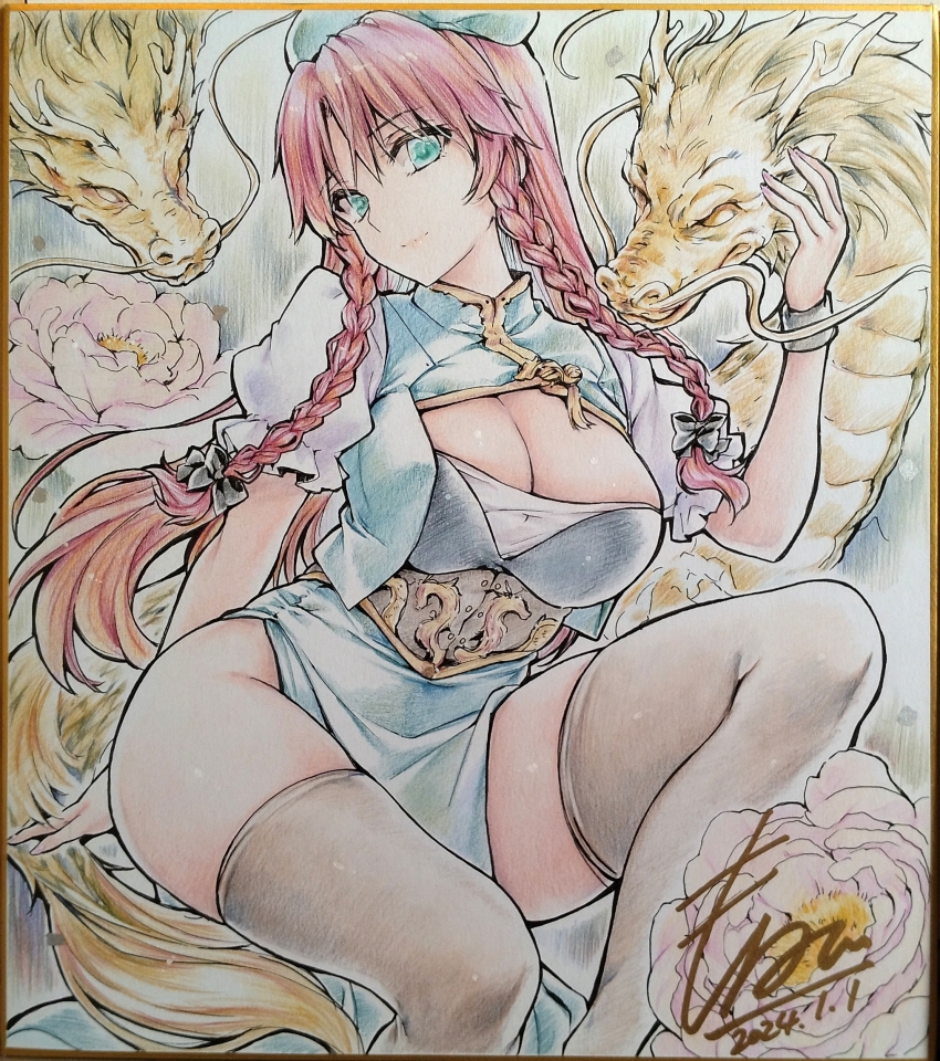 1girl alternate_costume backward-facing_horns black_bow bow braid breasts cleavage cleavage_cutout closed_mouth clothing_cutout commentary_request dated dragon eastern_dragon flower flower_request green_eyes grey_thighhighs hair_bow hat highres hong_meiling horns large_breasts long_hair looking_at_viewer monety pelvic_curtain pink_flower red_hair shikishi short_sleeves side_slit signature smile solo thighhighs touhou traditional_media twin_braids underbust whiskers yellow_fur