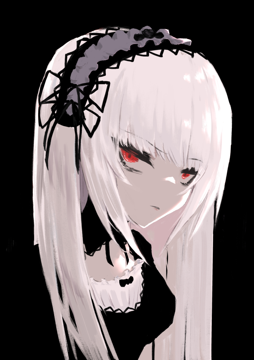 1girl absurdres black_background cropped_torso hairband highres long_hair looking_at_viewer majinno portrait rozen_maiden solo spot_color suigintou white_hair