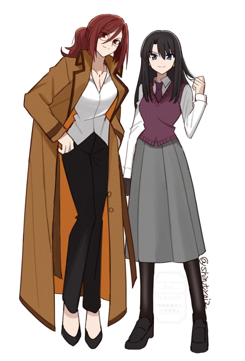 aozaki_touko black_hair coat glasses grey_skirt highres jewelry kara_no_kyoukai kokutou_azaka necklace necktie red_hair shintyoi2 shirt skirt smile white_shirt